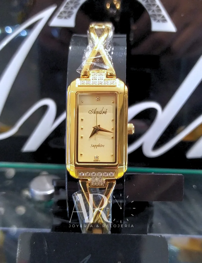 Reloj André cuadro cuadrado dorado piedras romano